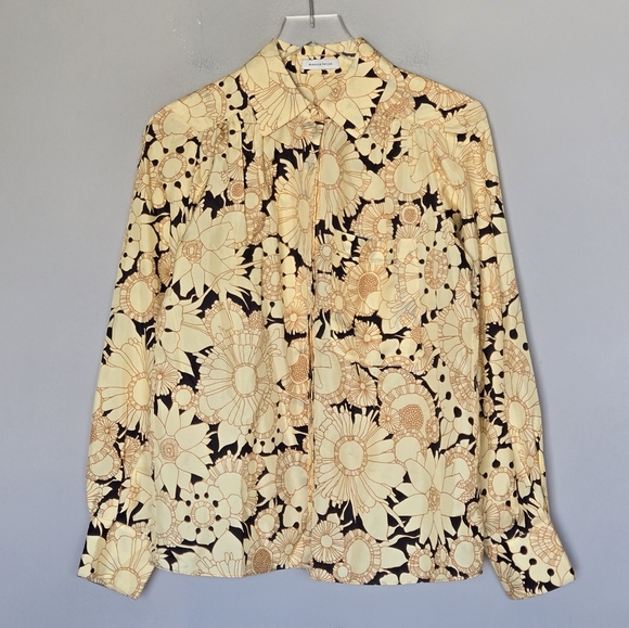 Rebecca Taylor Pop Art Floral Silk Blouse Butter Yellow Black Contemporary Chic - Picture 2 of 9